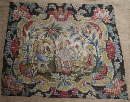 A pair of 18th century needlework chair covers and two panels